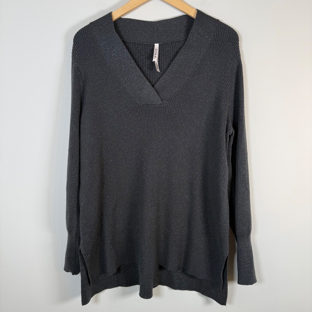 Soma Metallic Ribbed V-Neck Sweater Large Black Side Slit Tunic Long Sleeve